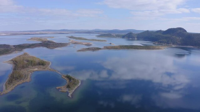 Aerial drone footage of Ulken Shabakty - Lake Great Chebachye Lake in Natonal park Burabay Borovoe , Kazakhstan