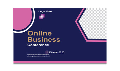 Business webinar horizontal banner template design. Modern banner design with blue background and pink frame shape. Usable for banner, cover,