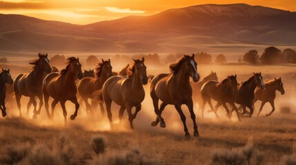 Fototapeta na wymiar Wild Mustang Horses Running Together
