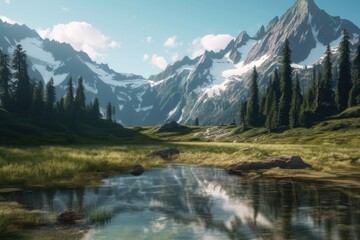Naklejka na ściany i meble Lake in the Mountains | Majestic Peaks and Pristine Waters | AI Generative
