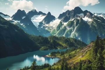 Fototapeta na wymiar Lake in the Mountains | Majestic Peaks and Pristine Waters | AI Generative
