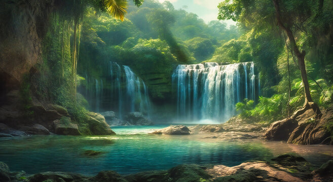 beautiful waterfall in a tropical area that has sun