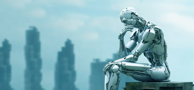 CyberEmotions Concept. Humanoid Robot Thinking. Artificial Intelligence (AI) and Ethics, Affective Computing Banner. 