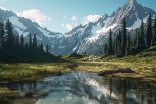 Lake in the Mountains | Majestic Peaks and Pristine Waters | AI Generative © DAYDAY