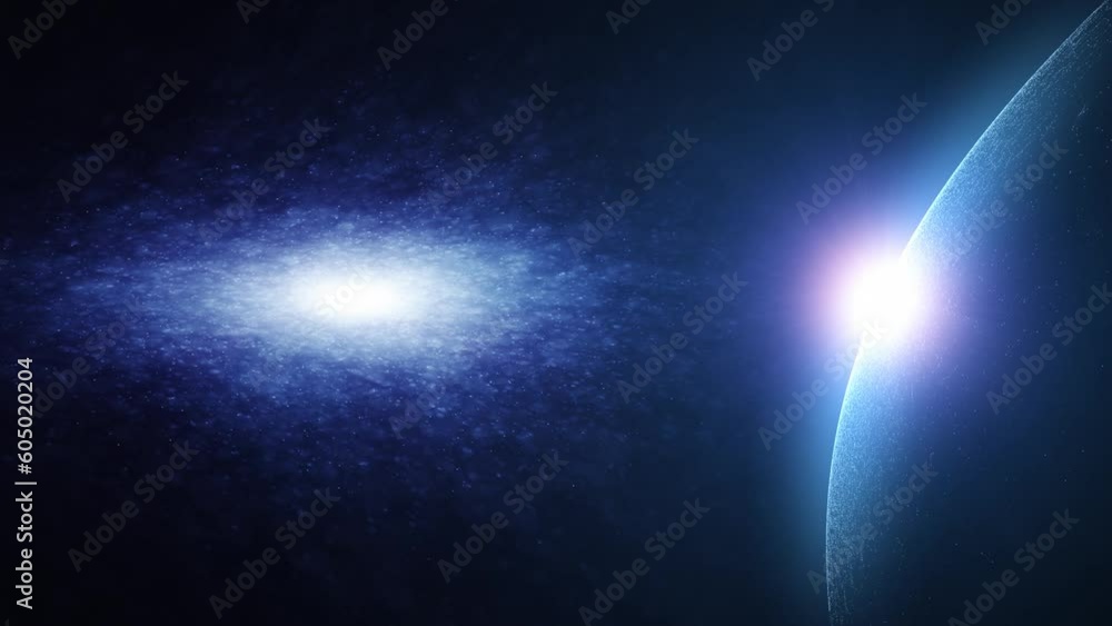 Poster abstract dark blue universe with planet and galaxy light loop animation. view from space.