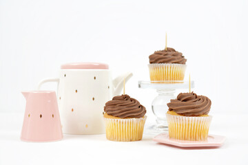 Cupcake topper mockup minimalist white and pink teapot afternoon tea setting.