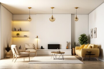Fototapeta premium Interior of a light living room with a sofa and chairs, side view, carpet, and hardwood flooring Panorama of the tropics. Decorated fireplace and shelf. Model of a blank wall. Generative AI