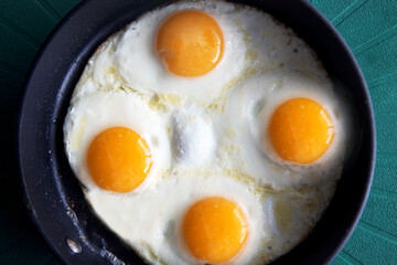 Fried egg. Close up view of the fried egg on a frying pan.