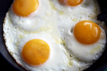 Fried egg. Close up view of the fried egg on a frying pan.