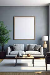 Classic contemporary living room wall adorned with a large empty frame, ideal for a mock-up presentation.