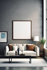 Contemporary living room wall adorned with a large empty frame, ideal for a mock-up presentation. 
