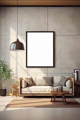 living room wall adorned with a large empty frame, ideal for a mock-up presentation