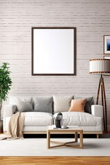 casual living room wall adorned with a large empty frame, ideal for an art mock-up presentation.