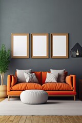 Art mockup sample of a modern living room with orange sofa and three pieces of art on the wall