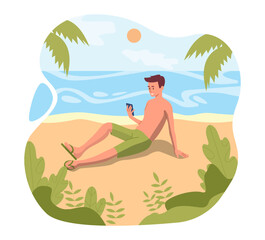 Rest on beach. Man with smartphone in his hand sits on sand near sea. Tourist on vacation in tropical or exotic country. Summer holiday and travel. Cartoon flat vector illustration