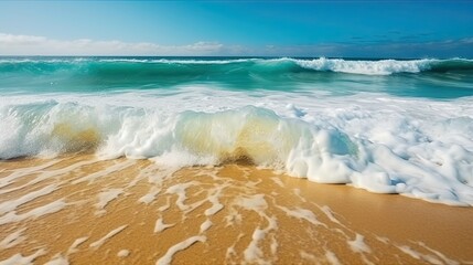 Soft turquoise blue ocean wave on the golden sandy beach. Generative ai