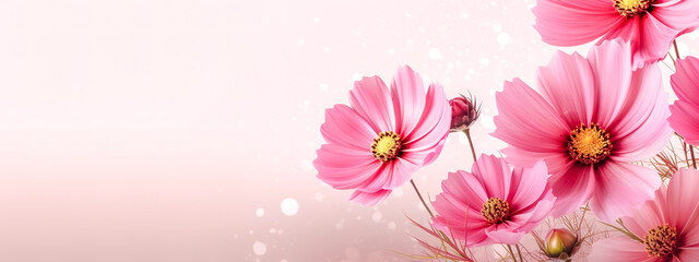 red gerbera flowers on a pink background, banner with copy space, made with Generative AI