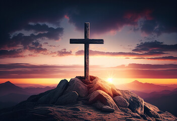 A wooden cross on a hill against the background of the sun. Religious symbol. Ai generative.