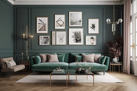 Interior of a green living room with a wall mounted poster gallery. There is a coffee table with a cup of coffee and a beige couch. a mockup. Generative AI
