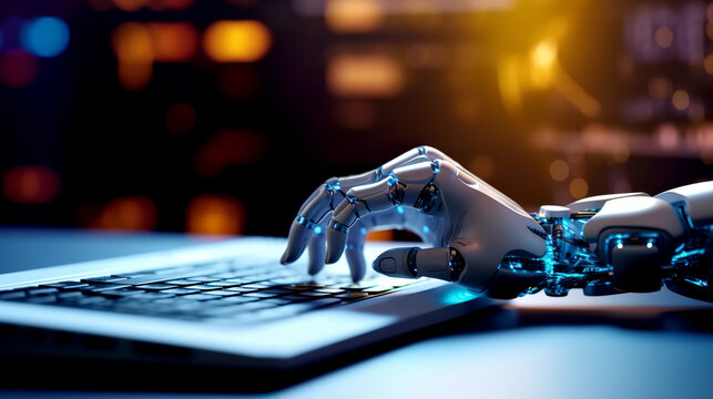 Robot hand typing on the computer. The concept of artificial intelligence replacing a human in dealing with another human. Ai generative