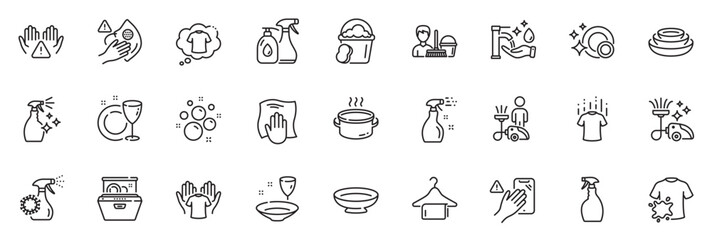 Fototapeta na wymiar Icons pack as Cleaning liquids, Vacuum cleaner and Washing hands line icons for app include Clean dishes, Clean hands, Hold t-shirt outline thin icon web set. Cleaning service. Vector