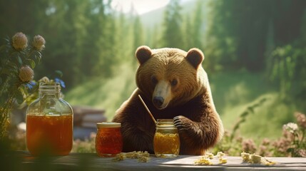 A Funny Story of a Bear and a Honey Jar generated by AI - obrazy, fototapety, plakaty