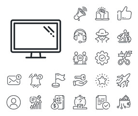 Computer component device sign. Salaryman, gender equality and alert bell outline icons. Monitor line icon. Screen symbol. Monitor line sign. Spy or profile placeholder icon. Vector
