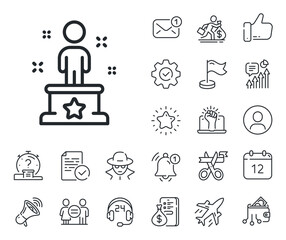 Winner podium sign. Salaryman, gender equality and alert bell outline icons. Success line icon. First place award symbol. Success line sign. Spy or profile placeholder icon. Vector