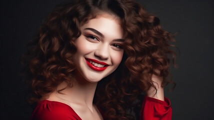 Beautiful brunette with long curly hair  Smiling woman with Red lips and nails manicure. Portrait of fashion, beauty and make up, generative ai tools 
