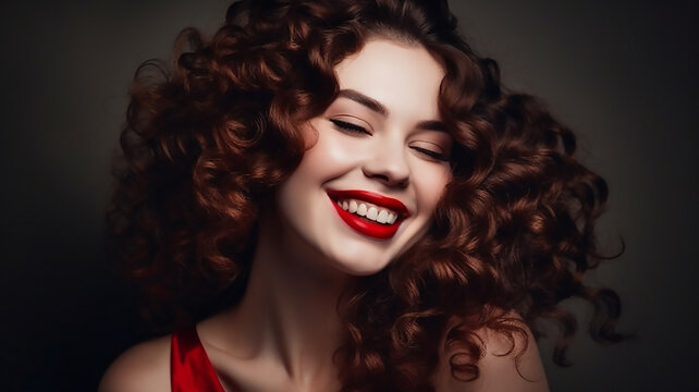 Beautiful brunette with long curly hair  Smiling woman with Red lips and nails manicure. Portrait of fashion, beauty and make up, generative ai tools 