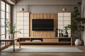 Interior of a living room with a Japanese TV cabinet and display. Generative AI