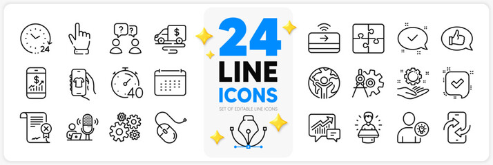 Icons set of Reject certificate, Cash transit and Teamwork questions line icons pack for app with Employee hand, Cogwheel, Calendar thin outline icon. 24 hours, Shop app. Design with 3d stars. Vector