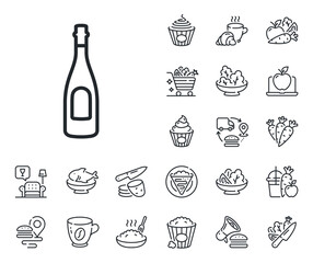 Anniversary alcohol sign. Crepe, sweet popcorn and salad outline icons. Champagne bottle line icon. Celebration event drink. Champagne line sign. Pasta spaghetti, fresh juice icon. Vector