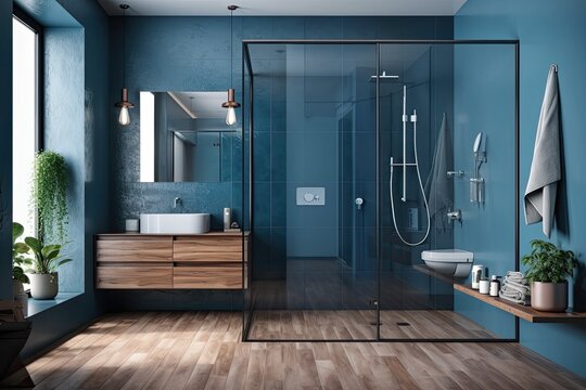 Interior of a blue bathroom with a wooden floor, a glass enclosed shower, and a gap in the wall. a mockup. Generative AI