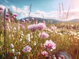 Experience the serene beauty of a Norwegian meadow. A low-angle shot captures white flowers under violet-pink twilight, blending wild charm with rustic harmony.