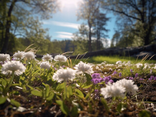 Experience the serene beauty of a Norwegian meadow. A low-angle shot captures white flowers under violet-pink twilight, blending wild charm with rustic harmony.