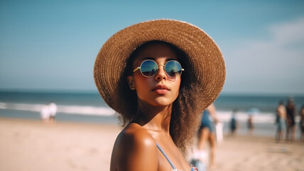 Young Sexy Woman in Sunglasses on the Beach enjoying sea summer vacation. Model Portrait in straw hat outdoors. Tropical ocean sandy beach background. generative ai