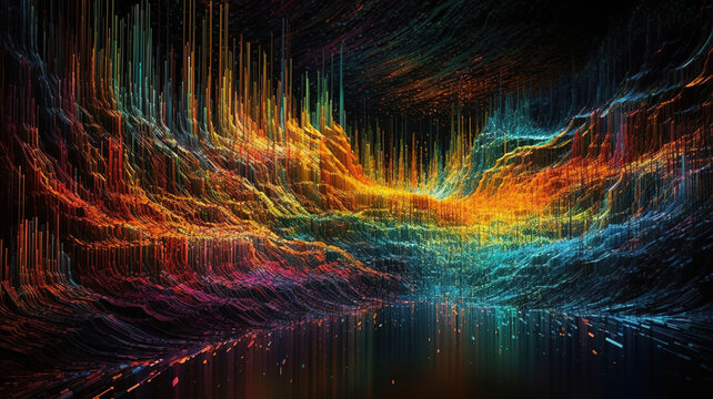 Abstract digital landscape with colorful particles dots. Fractal realms abstraction horizon, Big Data. 3d futuristic illustration. 80s Retro design, technology concept. generative ai