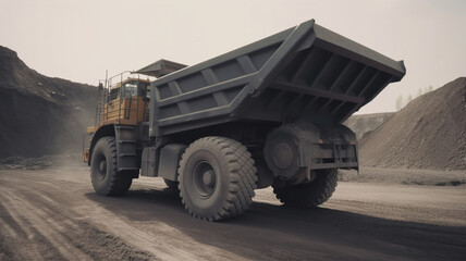 Mining truck carting coal, off road vehicle. Heavy Machinery in Operation. Extractive Industry, Coal Excavation, Industrial Landscape, Resource Extraction, Mining Site illustration. generative ai