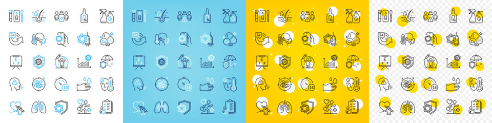 Vector icons set of Social distance, Umbrella and Covid test line icons pack for web with Vision board, Vaccine protection, Cleaning liquids outline icon. Quarantine, Coronavirus vaccine. Vector