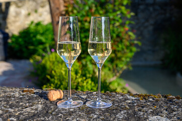 Tasting of premier cru sparkling white wine with bubbles champagne with view on old houses of Hautvillers, where lived Benedictine monk how developed champagne wine, France.