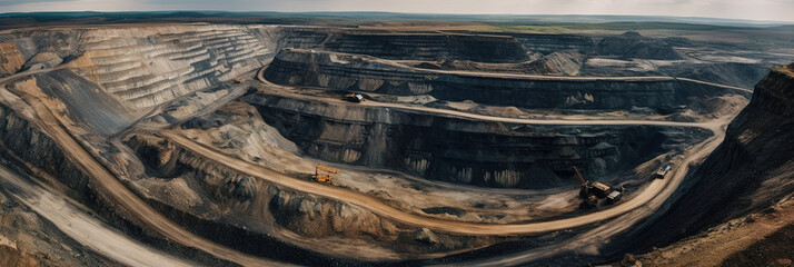 Coal Mine Aerial Panorama: Open Pit Mining, Extractive Industry, Coal Excavation, Heavy Machinery in Operation, Industrial Landscape, Resource Extraction, Mining Site from Above. generative ai - obrazy, fototapety, plakaty