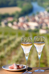 Tasting of premier cru sparkling rose wine with bubbles champagne with view on green pinot noir, meunier vineyards of Hautvillers, France.
