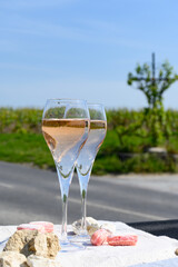 Tasting of grand cru sparkling rose wine with bubbles champagne with view on old houses of Oger, small village with grand cru vineyards, France.