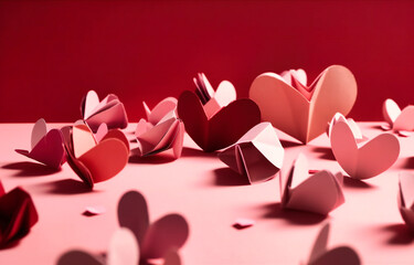 pink and white hearts made of paper on a pink surface