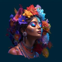Naklejka premium Punjabi Indian woman face with colorful makeup covered with flowers. 3D art. Generative AI