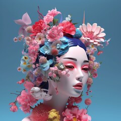 Asian woman face with red makeup covered in flowers. 3D art. Generative AI