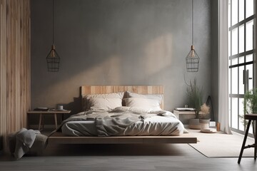 Interior of a minimalist bedroom with gray walls, a white king bed, and a bedside table. close up mock up toned double exposed image. Generative AI