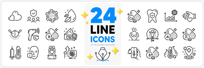 Obraz na płótnie Canvas Icons set of Aluminium mineral, Vaccine announcement and Thermometer line icons pack for app with Dental insurance, Stress grows, Vitamin thin outline icon. Medical mask. Design with 3d stars. Vector