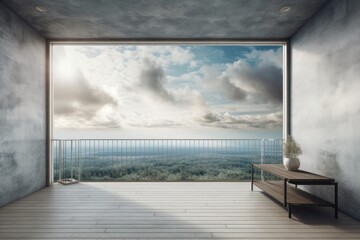 Interior of a concrete open air balcony that is completely empty, with a blank mock up banner for your advertisement on the wall and a panoramic view of the sky and clouds. Generative AI